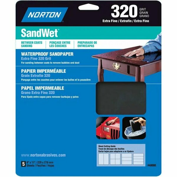 Norton Co 9" x 11" SandWet Wet or Dry Sanding Sheets 320-Grit, PK 5 48080